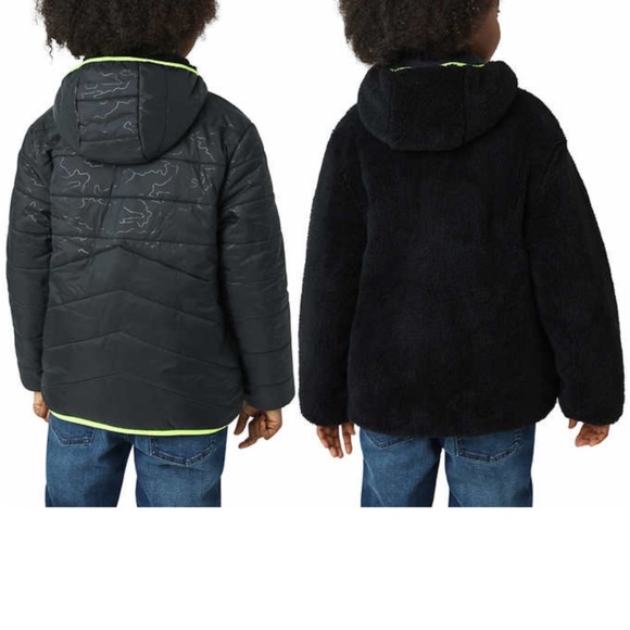 Eddie Bauer Reversible Fuzzy Fleece Jacket Black Neon Yellow Trim Medium 10-12 - Picture 2 of 15